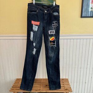 Dereon Distressed Straight-Leg Jeans With Patches & Rhinestones Sz 5/6